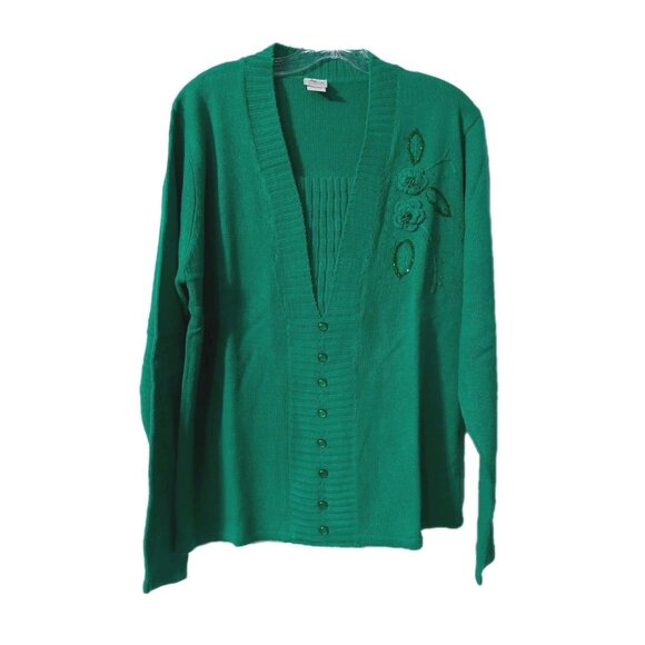 Adrian Delafield Sweater Size Large Beaded Knit Green Faux Tank Pearl Buttons - Picture 1 of 9